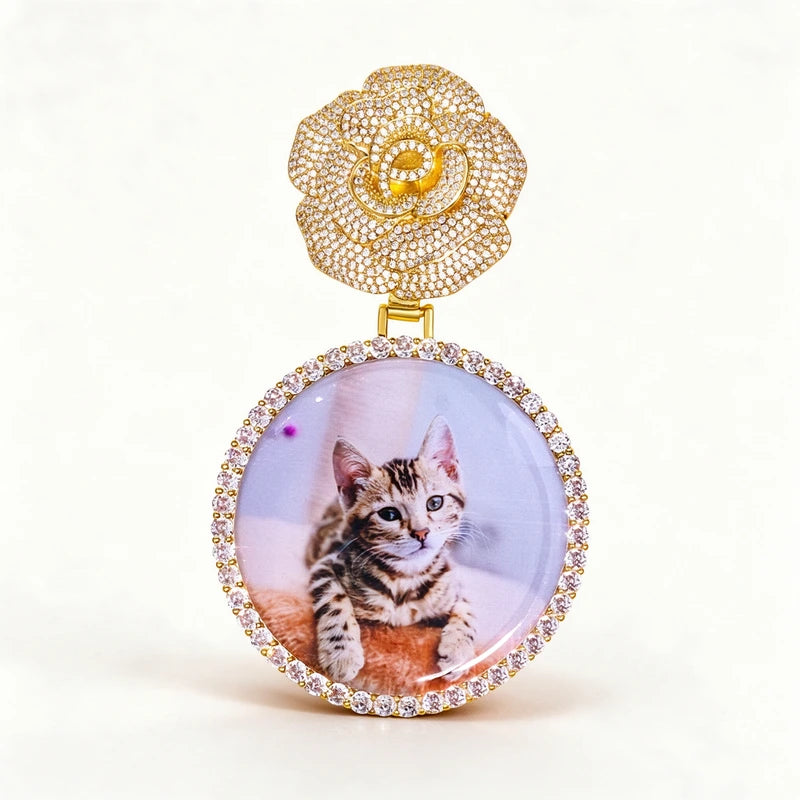 Zircon Diamond Iced Out Rose Top Custom Photo Pendant