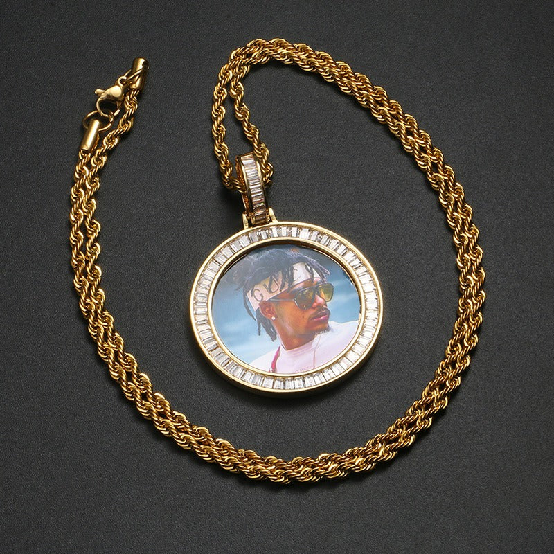 Zircon Diamond Iced Custom Photo Round Medallion Pendant with 24" Rope Chain