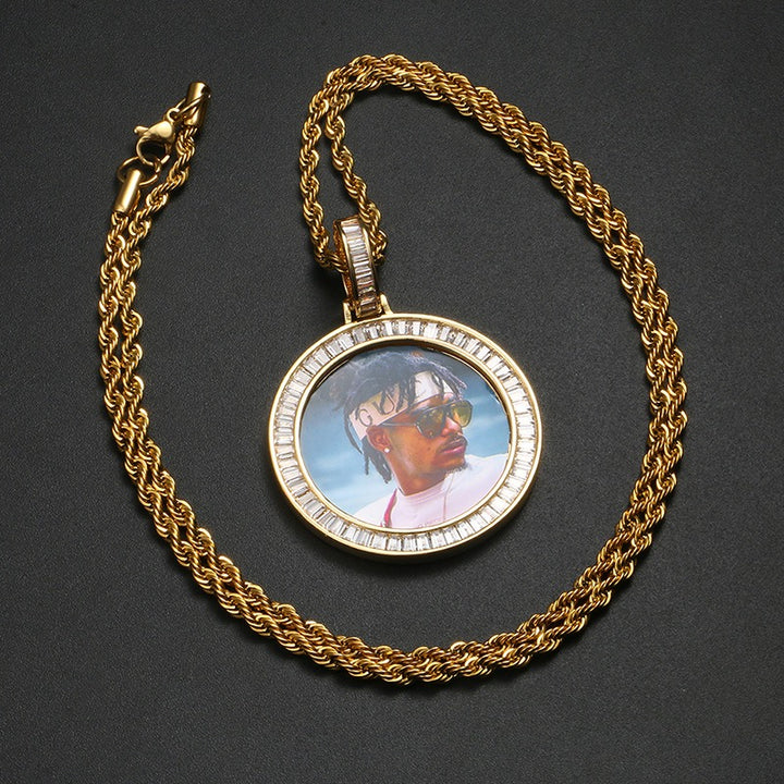 Zircon Diamond Iced Custom Photo Round Medallion Pendant with 24" Rope Chain
