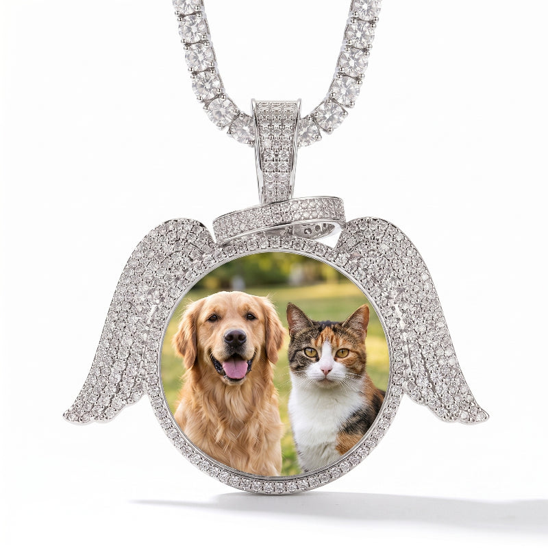 3D ZIRCON DIAMOND CIRCLE CUSTOM PICTURE PENDANT WITH ANGEL WINGS