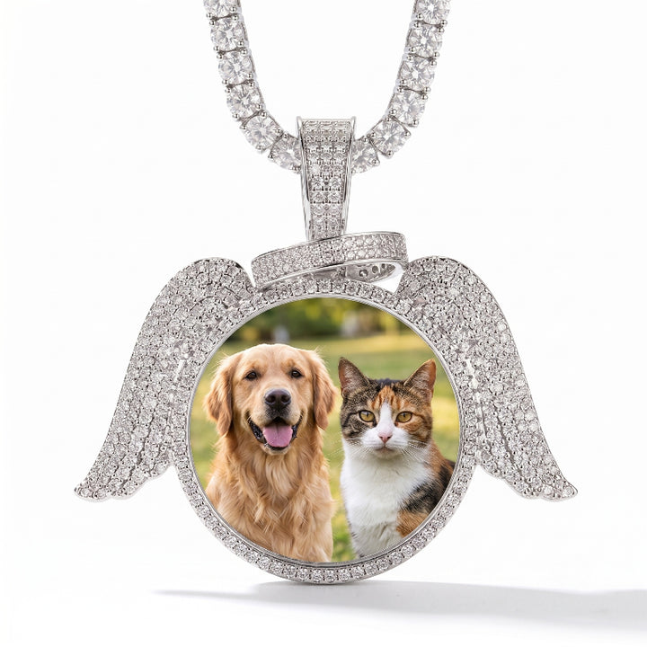 3D ZIRCON DIAMOND CIRCLE CUSTOM PICTURE PENDANT WITH ANGEL WINGS