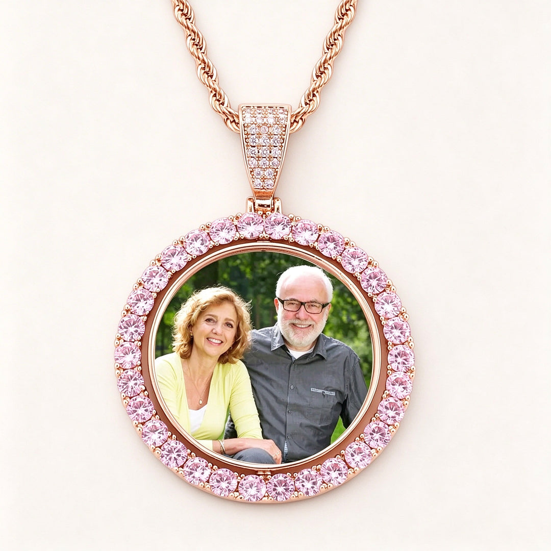 Zircon Diamond Sprinning 2-Sided Custom Picture Round  Pendant