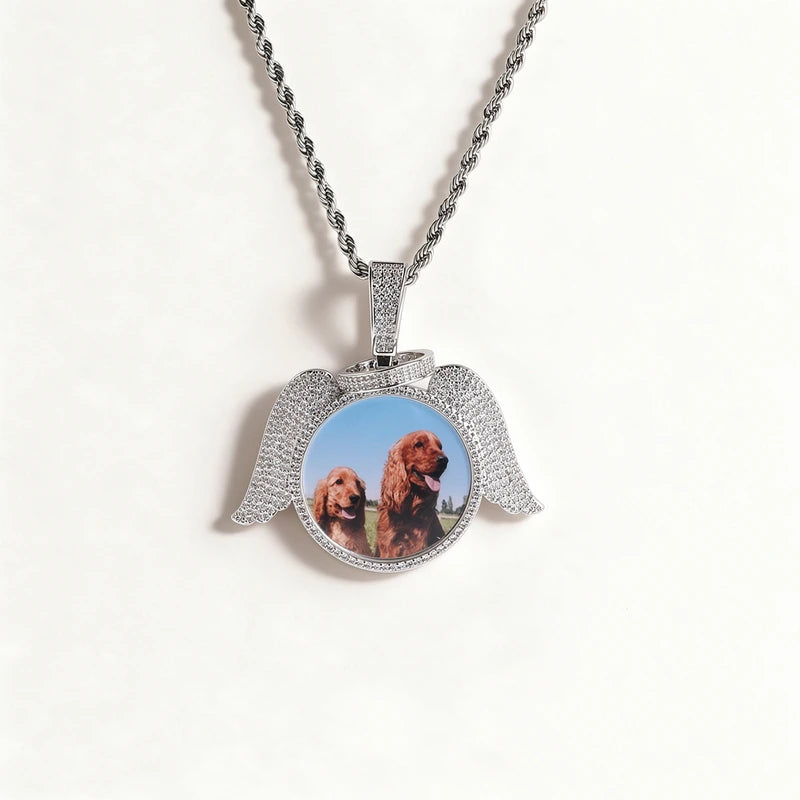 3D Zircon Diamond Circle Custom Picture Pendant with Angel Wings