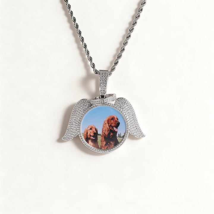 3D Zircon Diamond Circle Custom Picture Pendant with Angel Wings