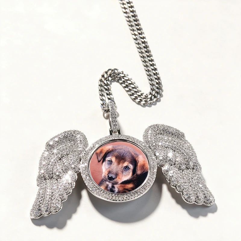 3D Zircon Diamond Circle Custom Picture Pendant with Angle Wingds