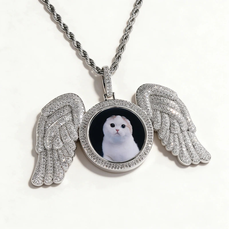 3D Zircon Diamond Circle Custom Picture Pendant with Angle Wingds