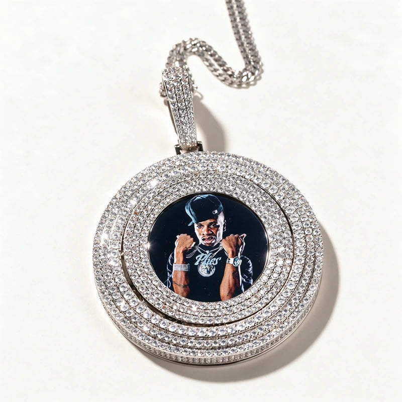 Zircon Diamond Spinning Custom Photo Medallion Necklace with 24" Stainless Steel Chain