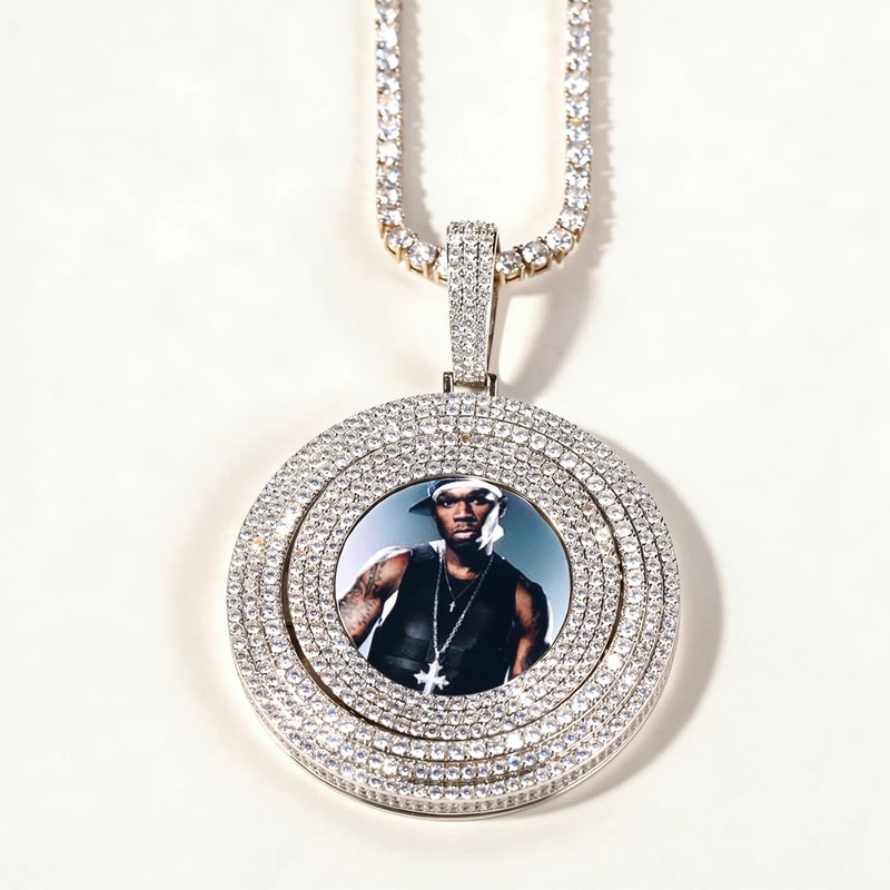 Zircon Diamond Spinning Custom Photo Medallion Necklace with 24" Stainless Steel Chain
