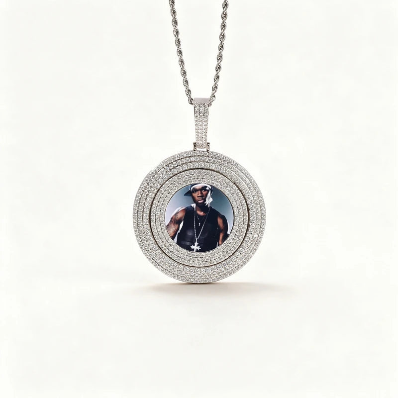 Zircon Diamond Spinning Custom Photo Medallion Necklace with 24" Stainless Steel Chain