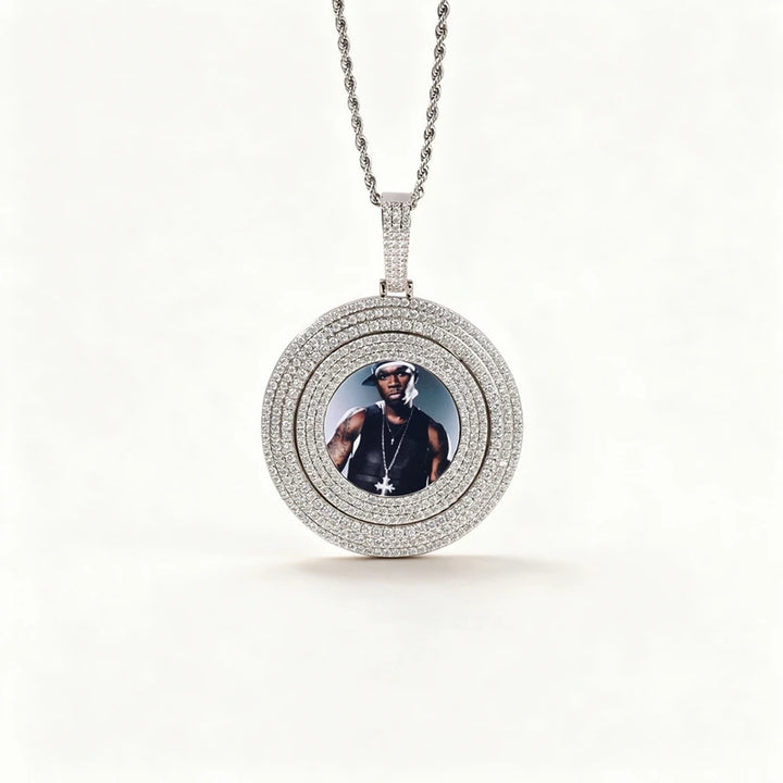 Zircon Diamond Spinning Custom Photo Medallion Necklace with 24" Stainless Steel Chain