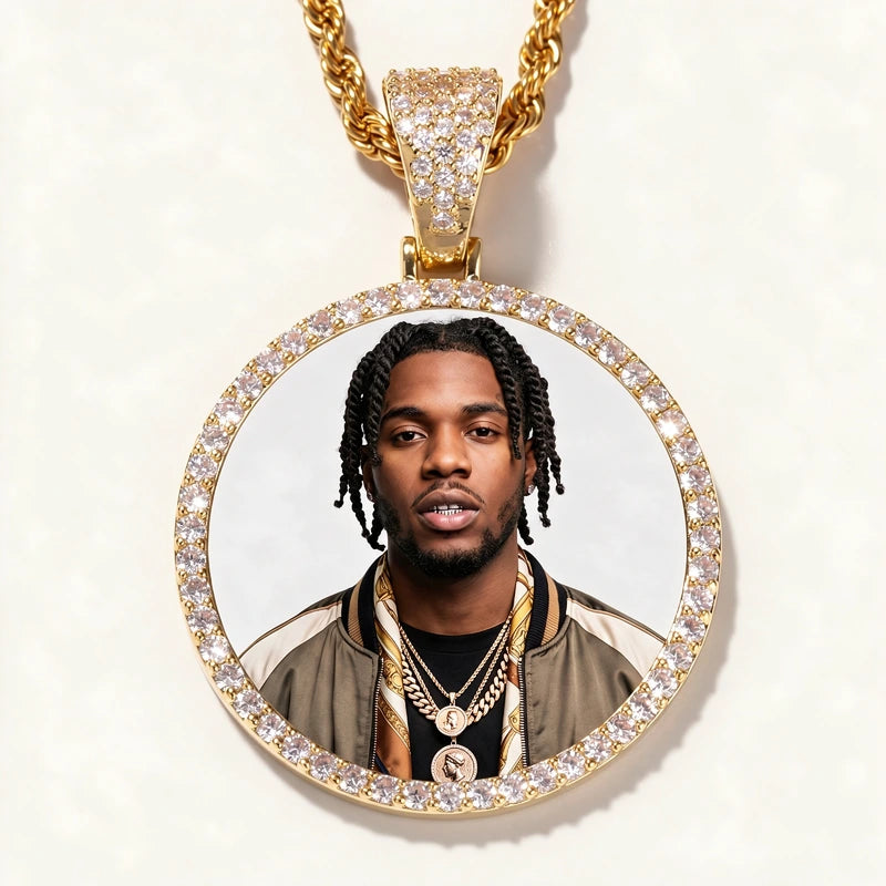 Zircon Diamond Custom Round Photo Medallion Iced Out Necklace