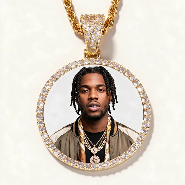 Zircon Diamond Custom Round Photo Medallion Iced Out Necklace