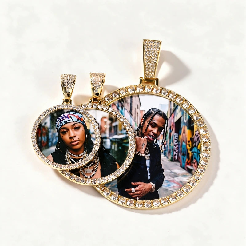 Zircon Diamond Custom Round Photo Medallion Iced Out Necklace