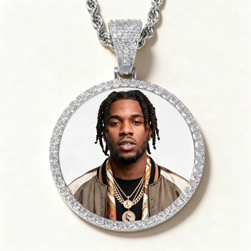 Zircon Diamond Custom Round Photo Medallion Iced Out Necklace