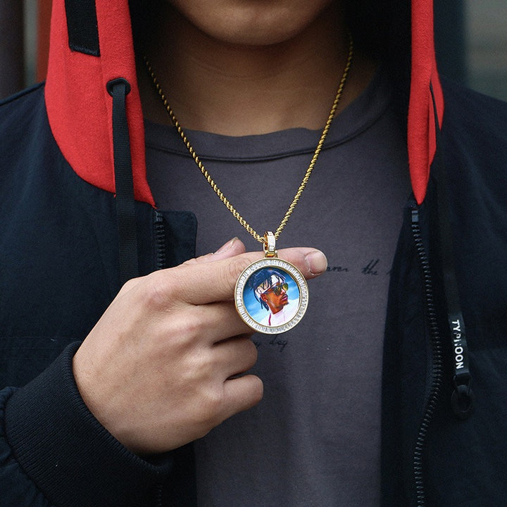 Zircon Diamond Iced Custom Photo Round Medallion Pendant with 24" Rope Chain