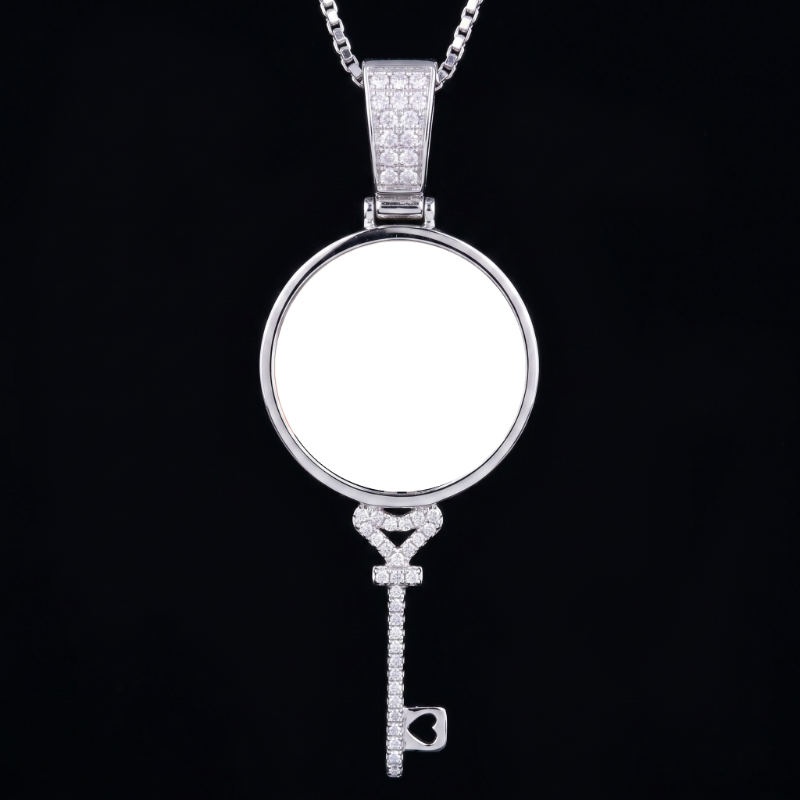 3D Round Key Solid Custom Photo Pendant in White Gold - 22mm