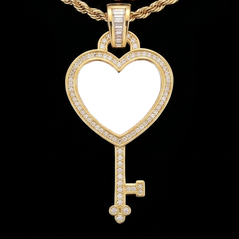 3D Solid Key Heart Custom Photo Pendant - 37mm