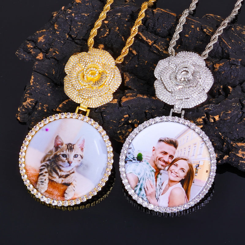 3D Diamond Circle Rose Custom Picture Pendant