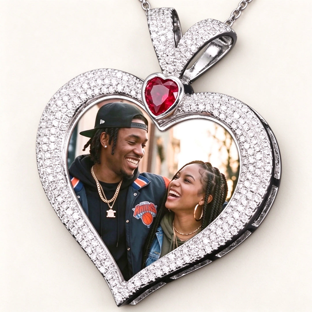 Zircon Ruby Heart Solid Memory Custom Photo Heart Pendant with 24" Rope Chain