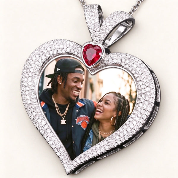 Zircon Ruby Heart Solid Memory Custom Photo Heart Pendant with 24" Rope Chain
