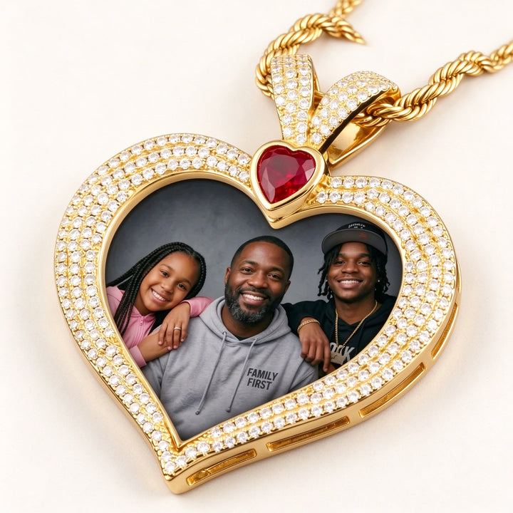 Zircon Ruby Heart Solid Memory Custom Photo Heart Pendant with 24" Rope Chain