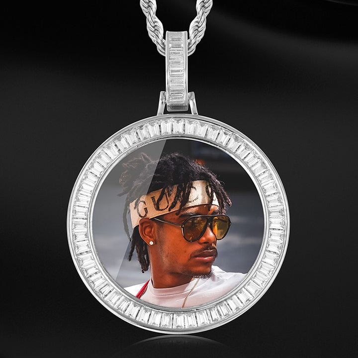 Zircon Diamond Iced Custom Photo Round Medallion Pendant with 24" Rope Chain