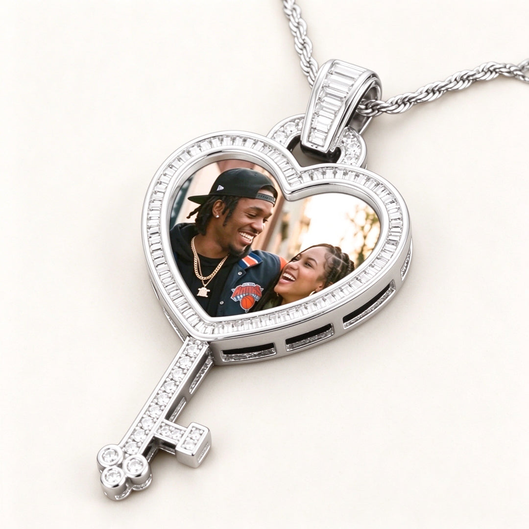 Custom Photo Heart Key Pendant  Cubic Zirconia Necklace with 24" Rope Chain