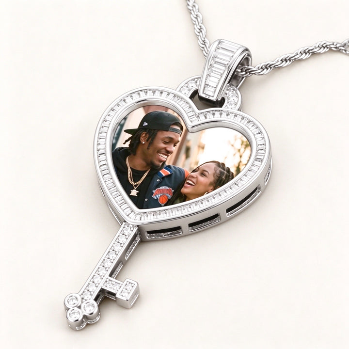 Custom Photo Heart Key Pendant  Cubic Zirconia Necklace with 24" Rope Chain