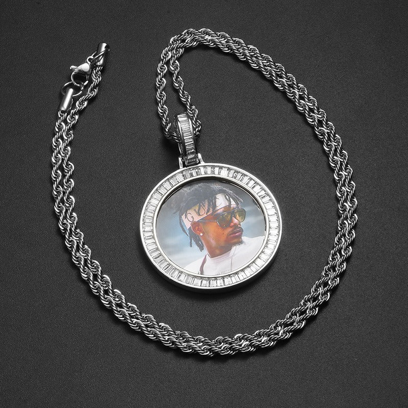 Zircon Diamond Iced Custom Photo Round Medallion Pendant with 24" Rope Chain