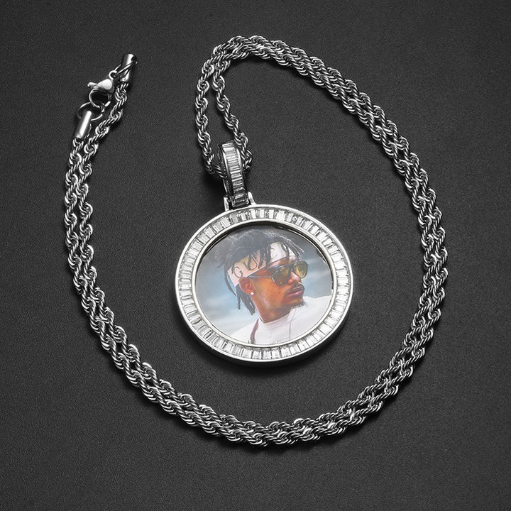 Zircon Diamond Iced Custom Photo Round Medallion Pendant with 24" Rope Chain