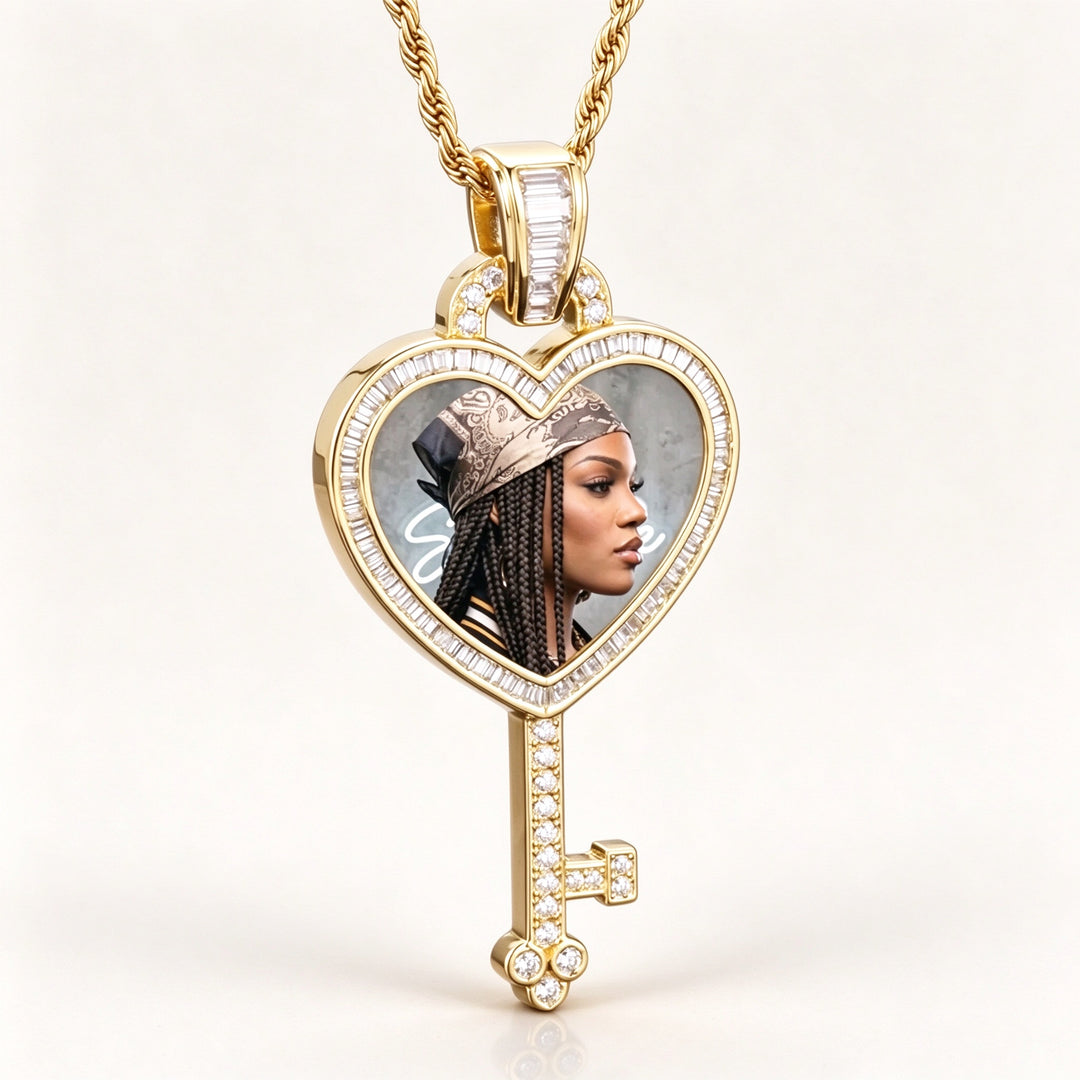 Custom Photo Heart Key Pendant  Cubic Zirconia Necklace with 24" Rope Chain