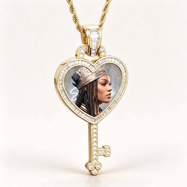 Custom Photo Heart Key Pendant  Cubic Zirconia Necklace with 24" Rope Chain