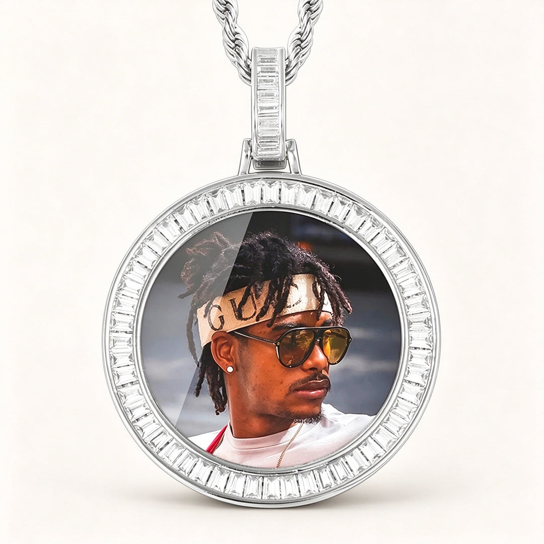 Zircon Diamond Iced Custom Photo Round Medallion Pendant with 24" Rope Chain