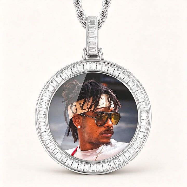 Zircon Diamond Iced Custom Photo Round Medallion Pendant with 24" Rope Chain