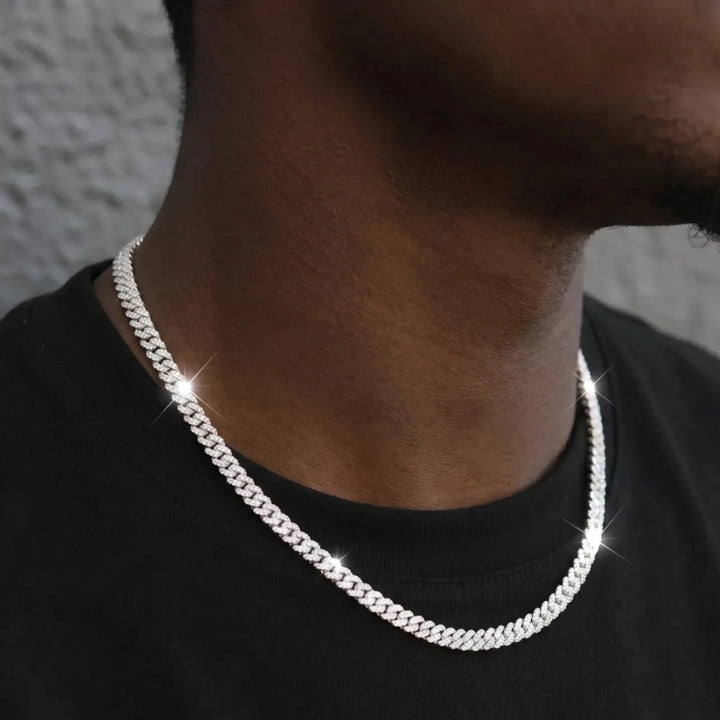 Micro Diamond Prong Cuban Necklace in White Gold - 6mm