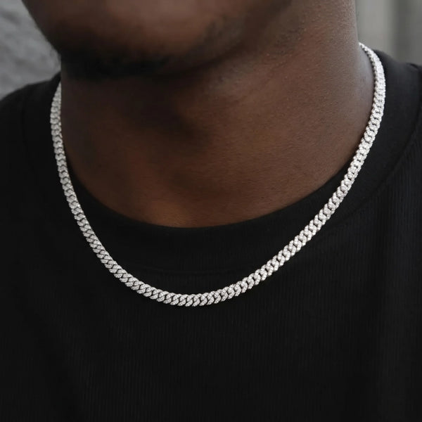 Micro Diamond Prong Cuban Necklace in White Gold - 6mm