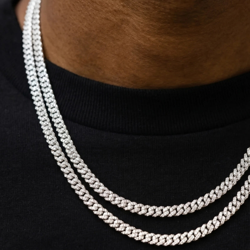 Micro Diamond Prong Cuban Necklace in White Gold - 6mm