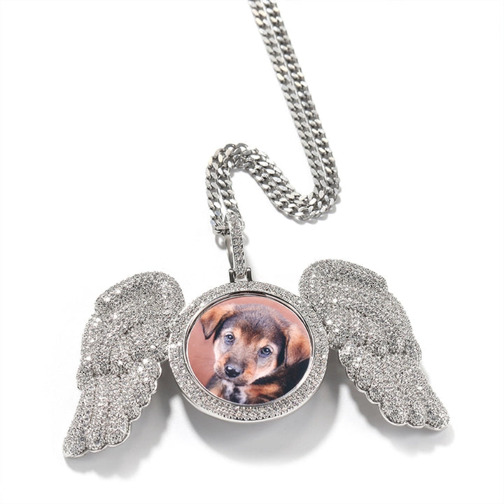 3D ZIRCON DIAMOND CIRCLE CUSTOM PICTURE PENDANT WITH ANGEL WINGS