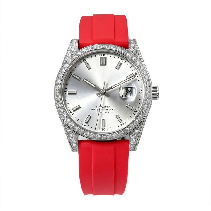 W005 40MM Luxury Automatic Watch with Diamond Bezel Stainless Steel Case &amp; Silicone Strap