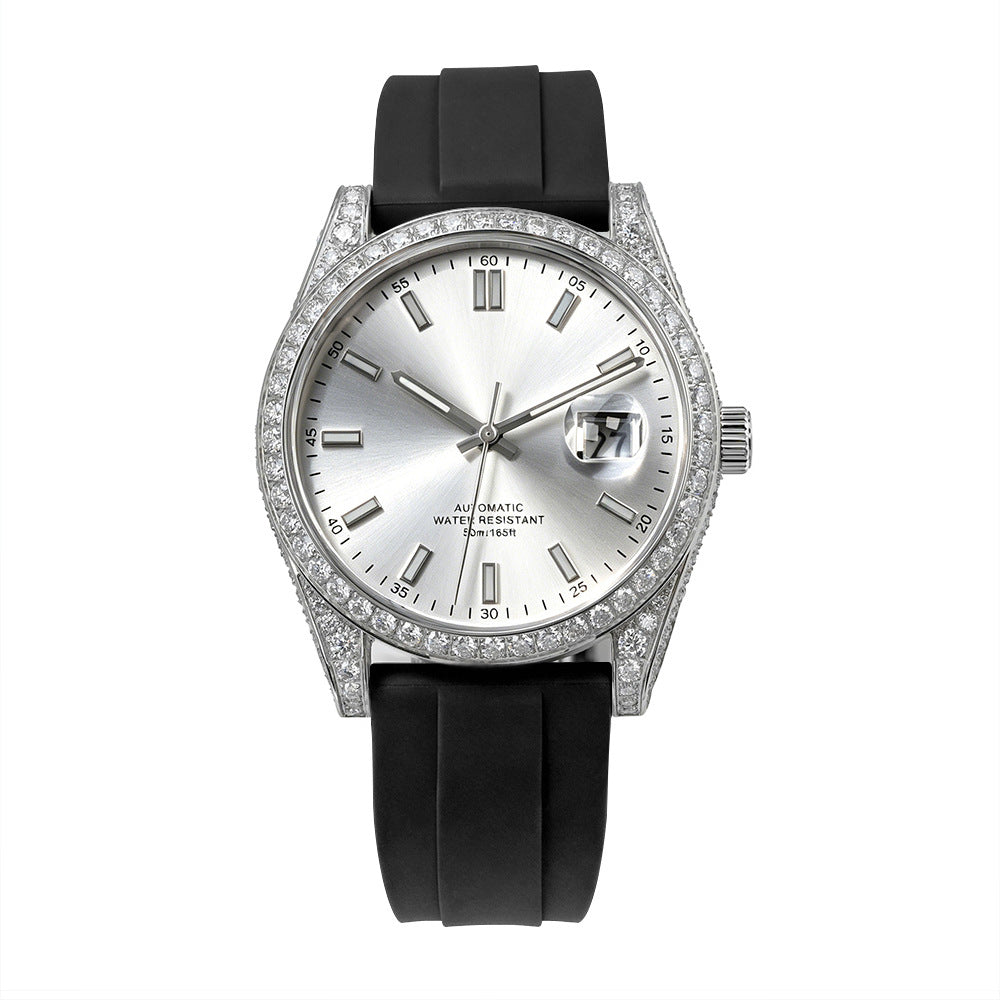W005 40MM Luxury Automatic Watch with Diamond Bezel Stainless Steel Case &amp; Silicone Strap