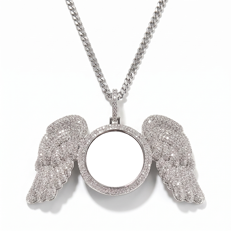 3D ZIRCON DIAMOND CIRCLE CUSTOM PICTURE PENDANT WITH ANGEL WINGS