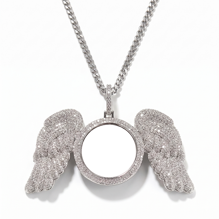 3D ZIRCON DIAMOND CIRCLE CUSTOM PICTURE PENDANT WITH ANGEL WINGS