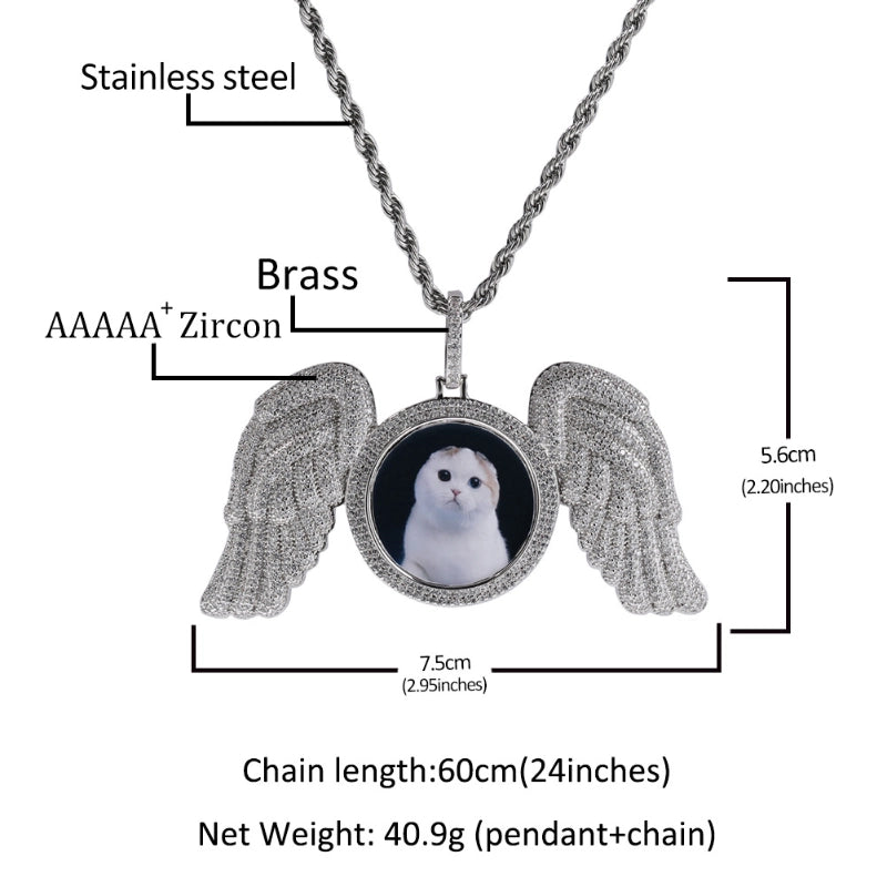 3D ZIRCON DIAMOND CIRCLE CUSTOM PICTURE PENDANT WITH ANGEL WINGS