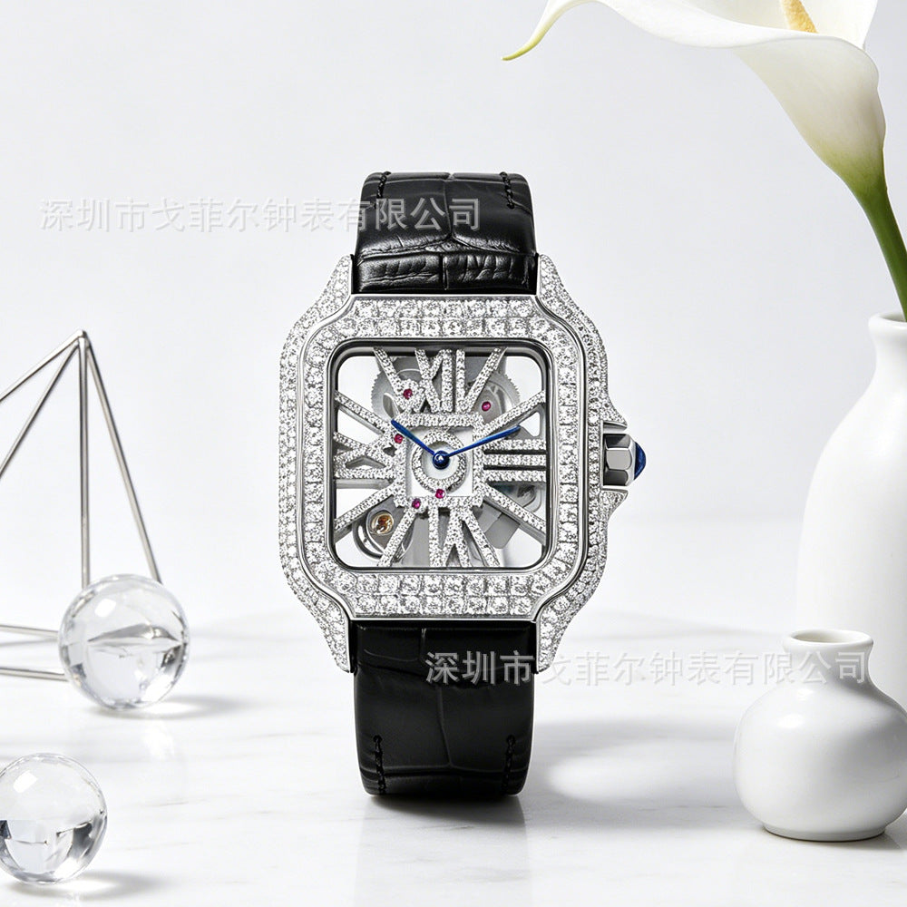W002 40MM Moissanite Square Watch - Iced Out Pave Case Leather Strap