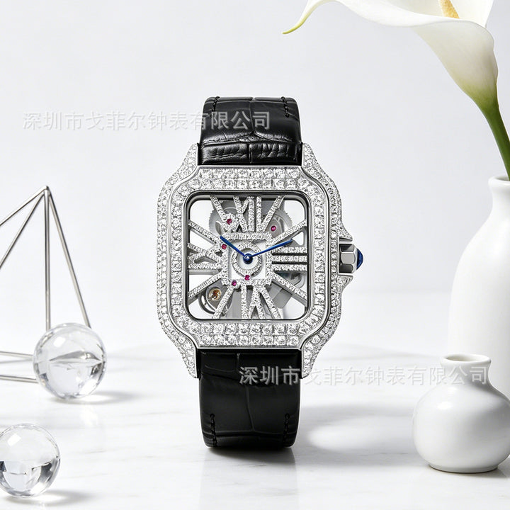W002 40MM Moissanite Square Watch - Iced Out Pave Case Leather Strap