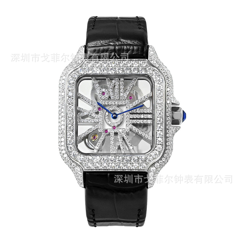 W002 40MM Moissanite Square Watch - Iced Out Pave Case Leather Strap