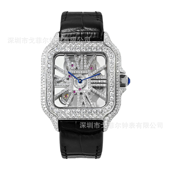 W002 40MM Moissanite Square Watch - Iced Out Pave Case Leather Strap