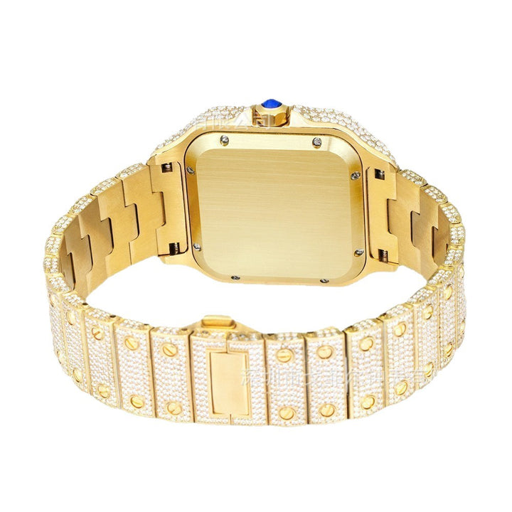 W008 40MM Moissanite Iced Out Square Watch Colorful Roman Numerals with Stainless Steel Metal Strap