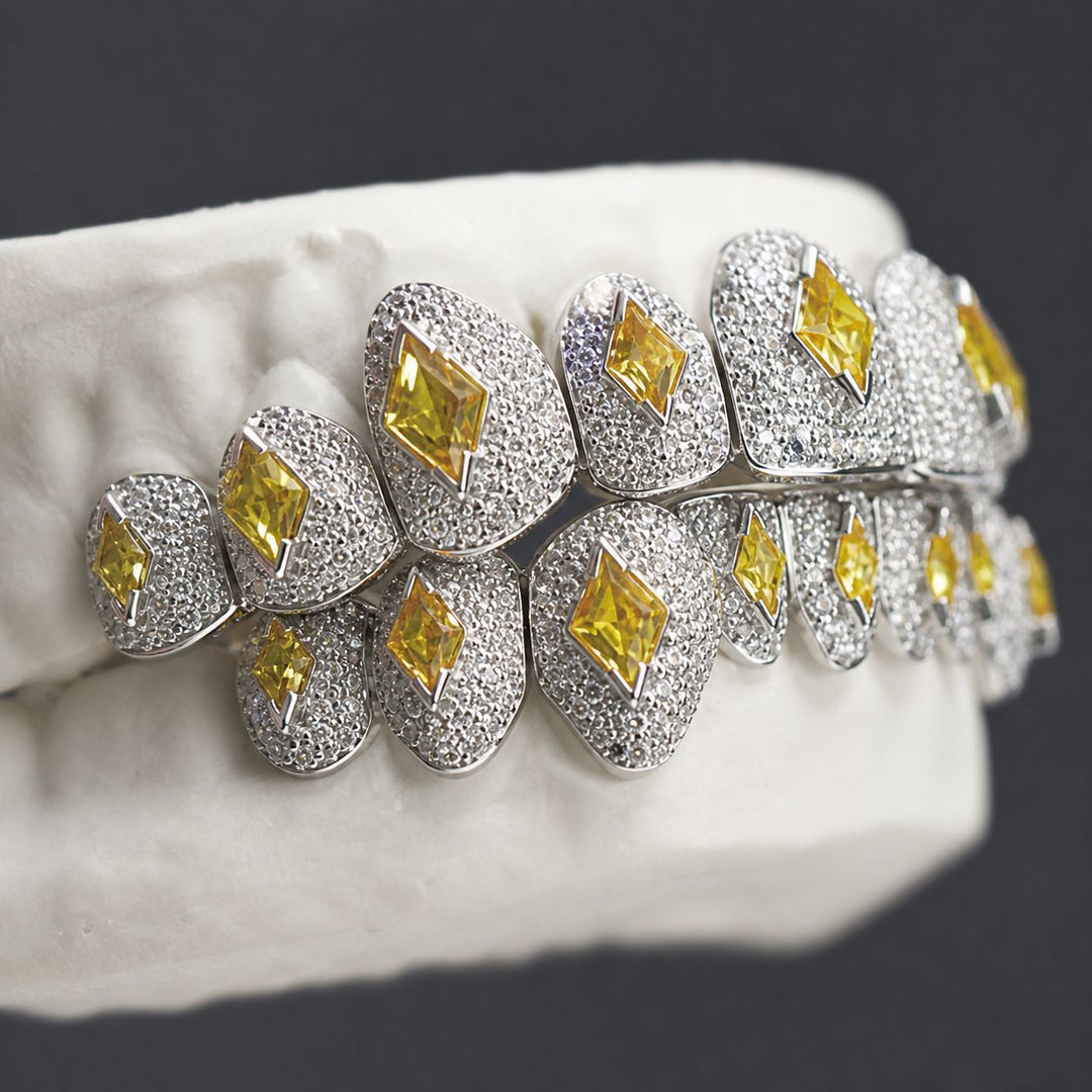 T001 S925 Sterling Silver Moissanite Grillz Iced Out Yellow Kite Cut Tooth Grillz