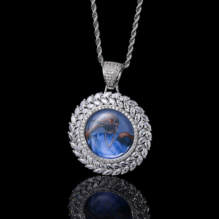 0730-Custom08 3D ZIRCON DIAMOND CIRCLE CUSTOM PICTURE PENDANT WITH 24 INCH 3MM ROPE CHAIN